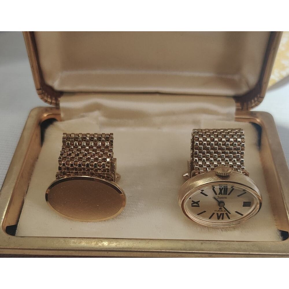 Vintage Swank Watch Mesh Wrap Cufflinks & Matching Blank Monogram Cufflink Set